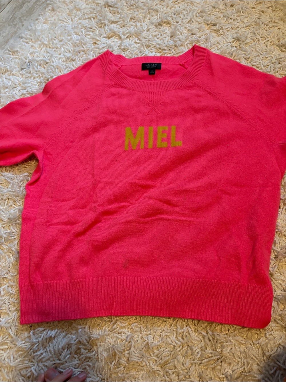 J. Crew Hot Pink Crewneck Sweater with Yellow MIEL Lettering